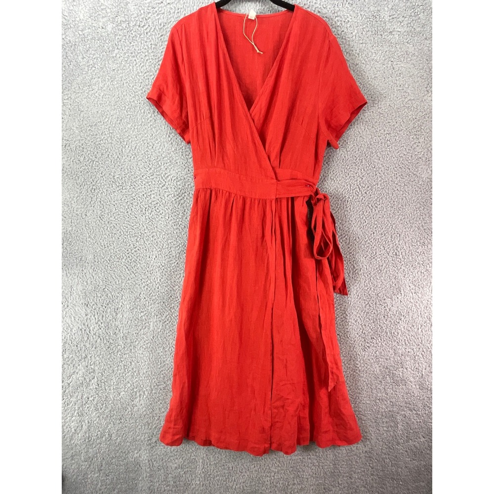 Grae Cove Linen Wrap Dress Women Large Orange Red  Midi Short Sleeve V-Neck Boho
